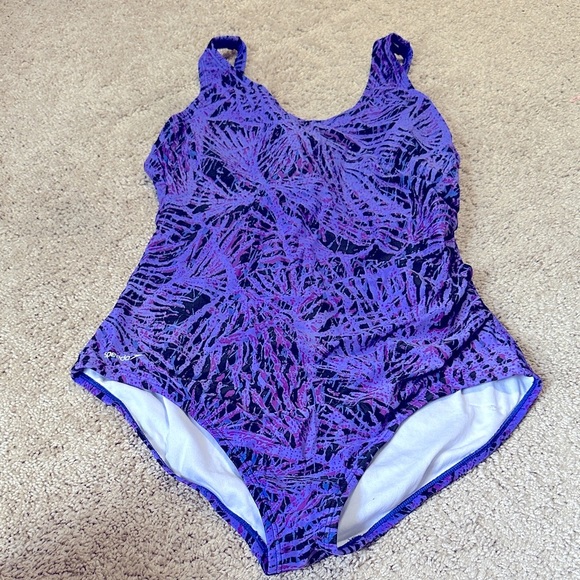 Speedo Women’s One Piece Swimsuit Size 14 Purple Black Print V-Neck Padded Shelf - Picture 1 of 6